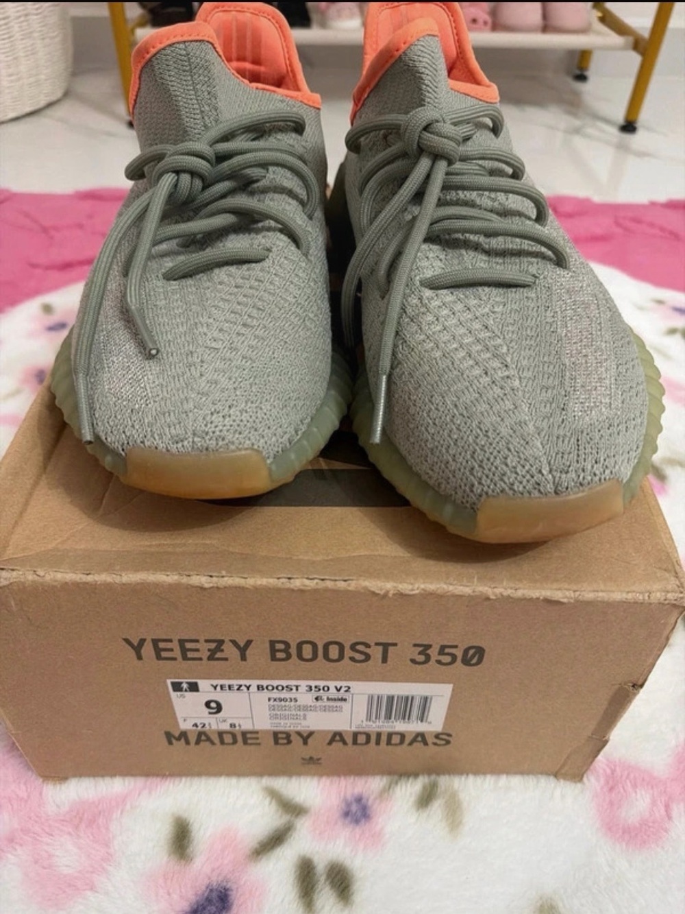 adidas Yeezy Boost 350 V2 — Olive with Coral Accents